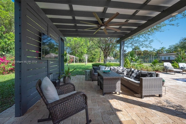 view of patio / terrace with ceiling fan and an outdoor hangout area