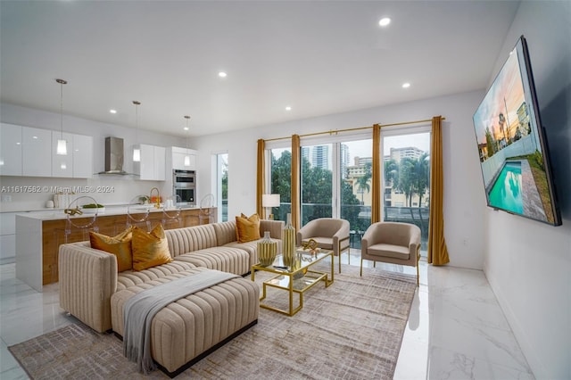 living room featuring light tile patterned floors