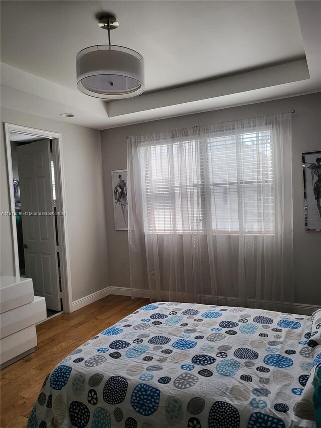 bedroom with a tray ceiling, multiple windows, and hardwood / wood-style flooring