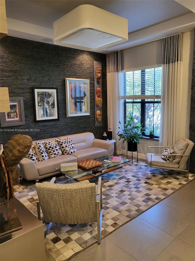 living room featuring tile patterned floors