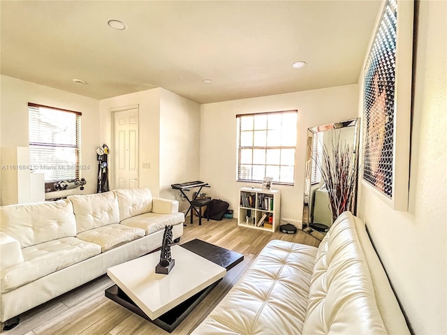 living room with plenty of natural light and light hardwood / wood-style flooring