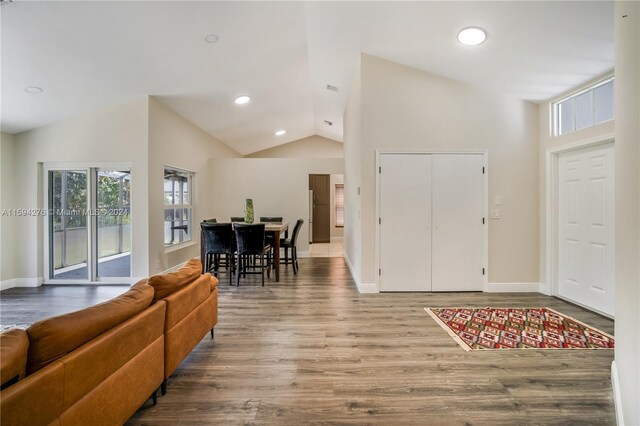 foyer with high vaulted ceiling and hardwood / wood-style floors