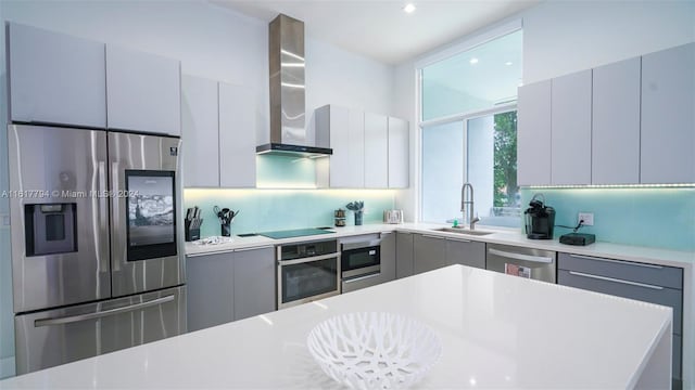 kitchen featuring appliances with stainless steel finishes, wall chimney range hood, decorative backsplash, sink, and gray cabinetry