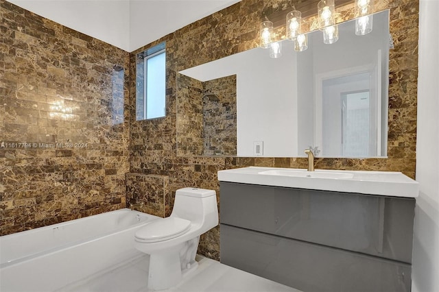 bathroom featuring tile walls, toilet, and vanity