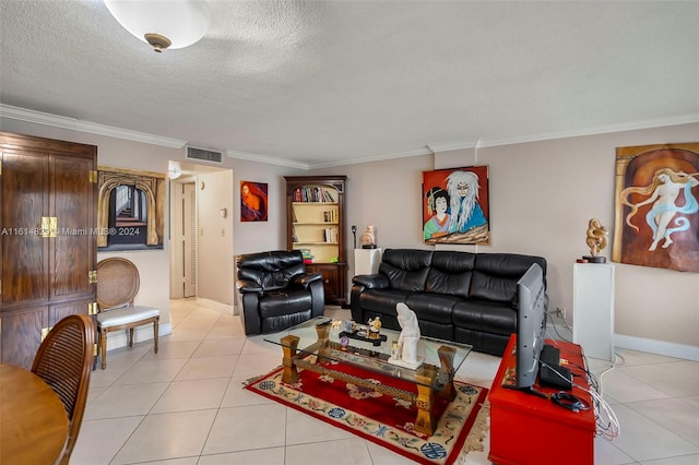 tiled living room with ornamental molding and a textured ceiling