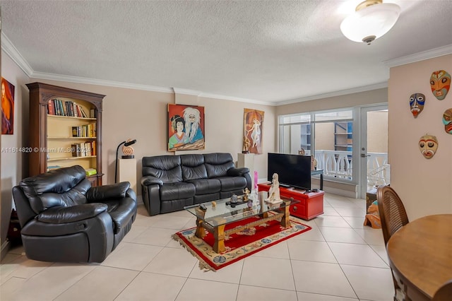 tiled living room featuring a textured ceiling and ornamental molding