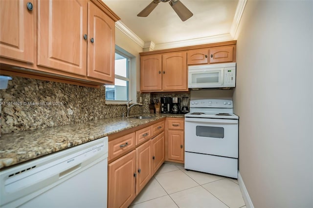 kitchen featuring decorative backsplash, sink, crown molding, light stone countertops, and white appliances