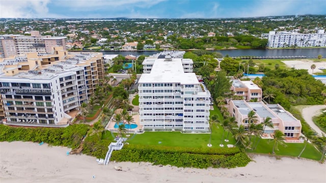 aerial view featuring a water view