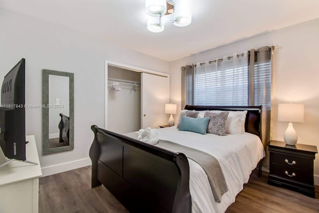 bedroom featuring dark hardwood / wood-style floors and a closet