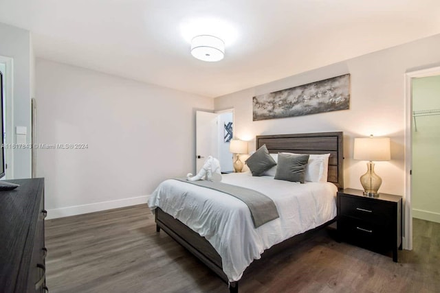 bedroom featuring dark wood-type flooring, a closet, and a spacious closet