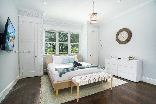 bedroom featuring wood-type flooring and ornamental molding