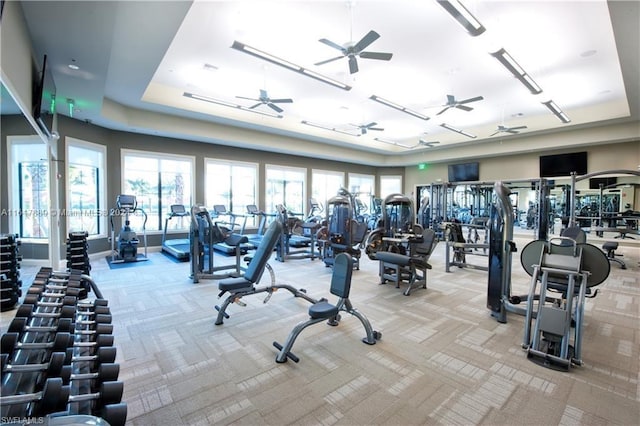 workout area featuring light carpet, ceiling fan, and a raised ceiling