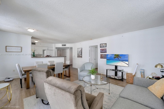 living room featuring a textured ceiling and light wood-type flooring