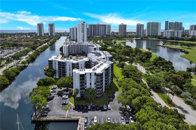 aerial view featuring a water view