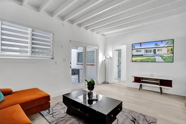 living room with wood ceiling, beam ceiling, and hardwood / wood-style floors