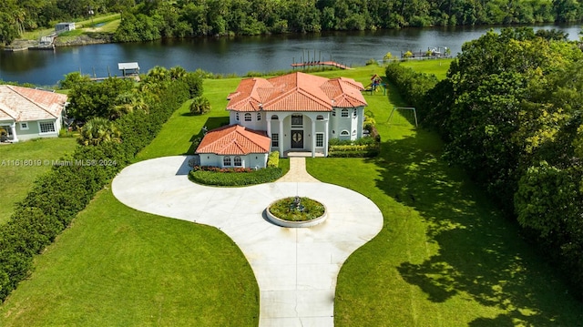 drone / aerial view with a water view