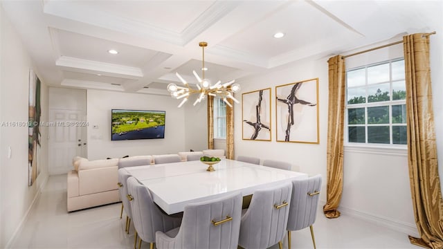 dining room with coffered ceiling, a chandelier, ornamental molding, and beam ceiling