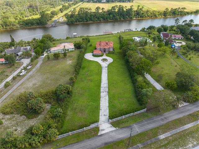 drone / aerial view featuring a water view