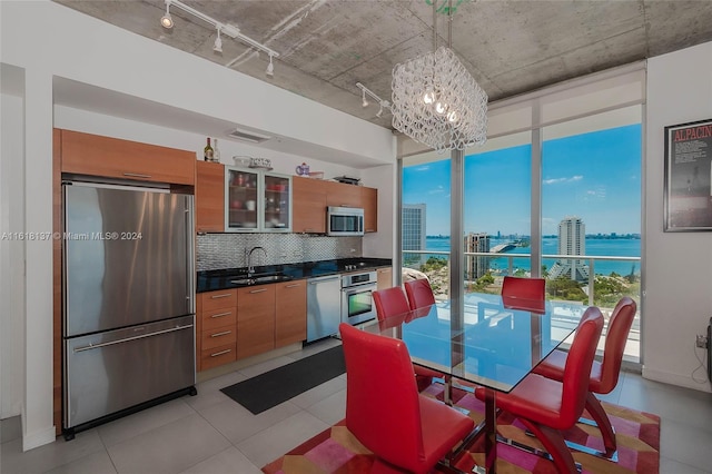 kitchen with a notable chandelier, tasteful backsplash, stainless steel appliances, a water view, and rail lighting