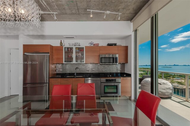 kitchen with stainless steel appliances, sink, decorative backsplash, a water view, and a chandelier