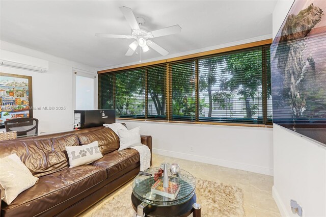 tiled living room featuring ceiling fan and an AC wall unit