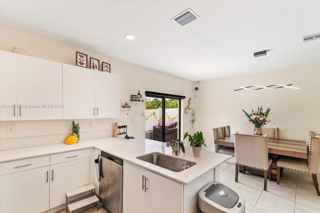 kitchen with sink, stainless steel dishwasher, white cabinetry, and kitchen peninsula