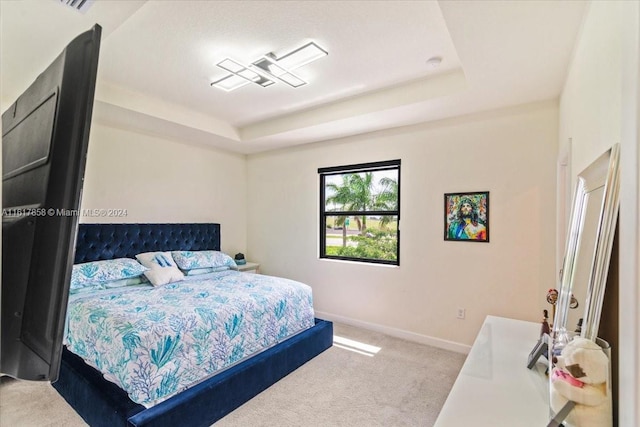 carpeted bedroom featuring a tray ceiling