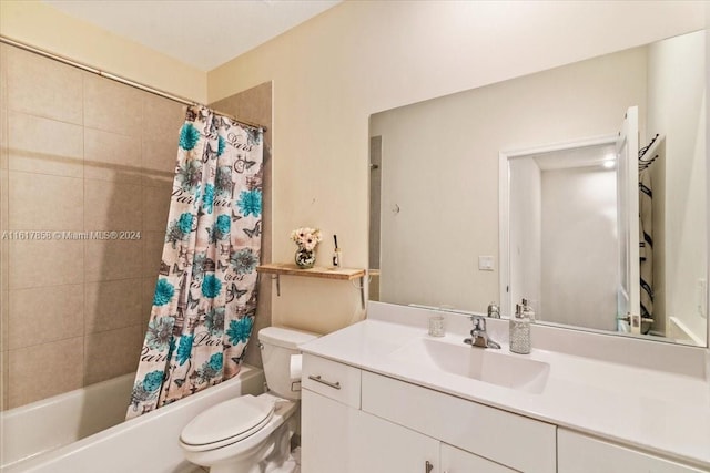 full bathroom with vanity, toilet, and shower / bath combination with curtain