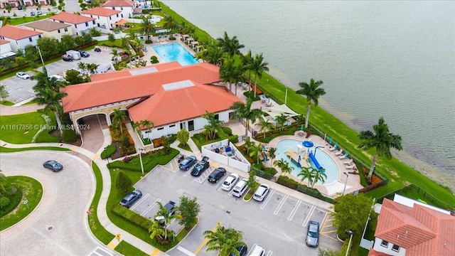 drone / aerial view featuring a water view