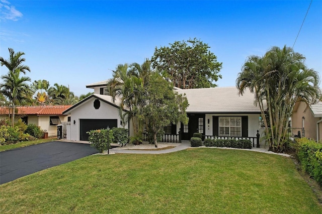 ranch-style house featuring a garage and a front lawn