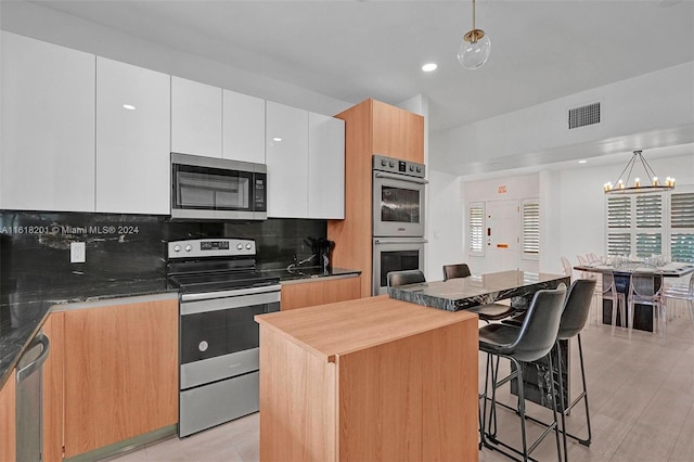 kitchen featuring pendant lighting, white cabinets, a center island, appliances with stainless steel finishes, and backsplash