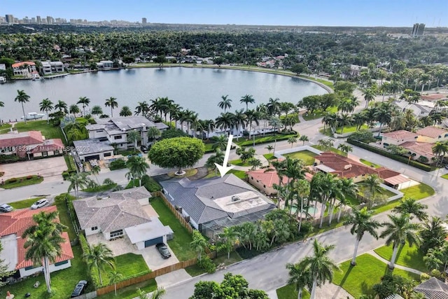 aerial view featuring a water view