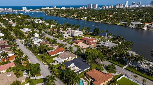 bird's eye view with a water view