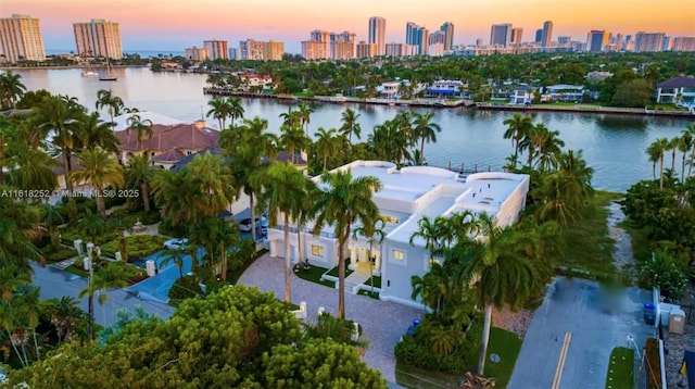 aerial view at dusk featuring a water view