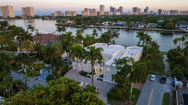 aerial view at dusk with a water view