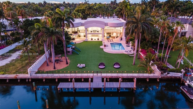 bird's eye view with a water view