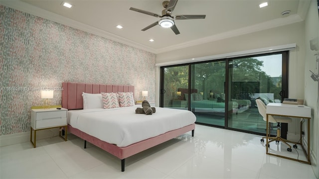 bedroom featuring ceiling fan, ornamental molding, and access to exterior