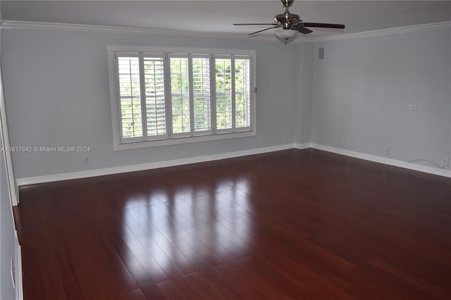 unfurnished room featuring ceiling fan, ornamental molding, and hardwood / wood-style flooring