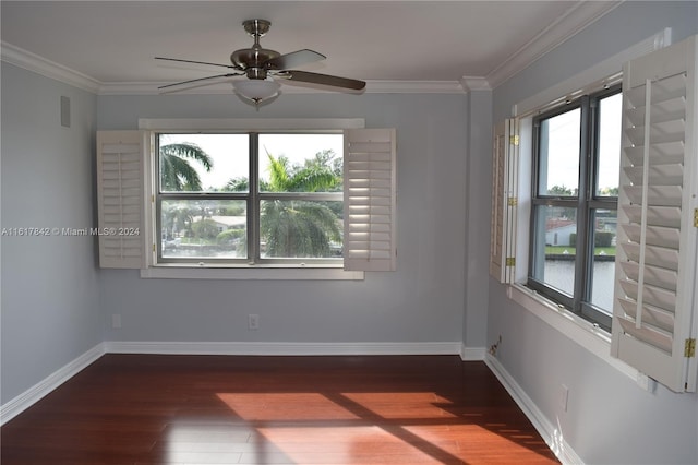 unfurnished room featuring a wealth of natural light, dark hardwood / wood-style flooring, and crown molding