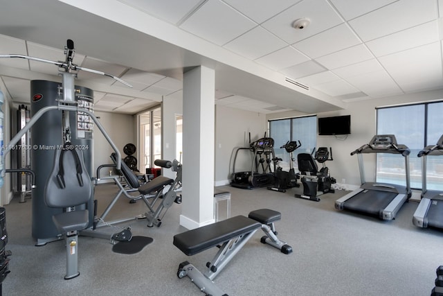 workout area featuring a healthy amount of sunlight and a drop ceiling