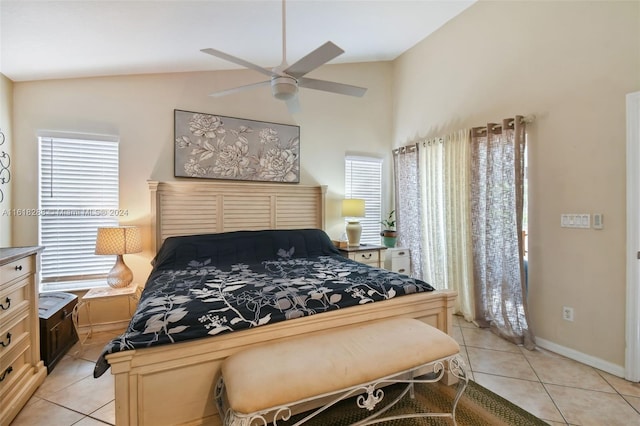 bedroom featuring light tile patterned floors, vaulted ceiling, and ceiling fan