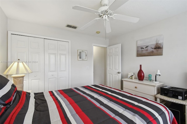 bedroom featuring ceiling fan and a closet