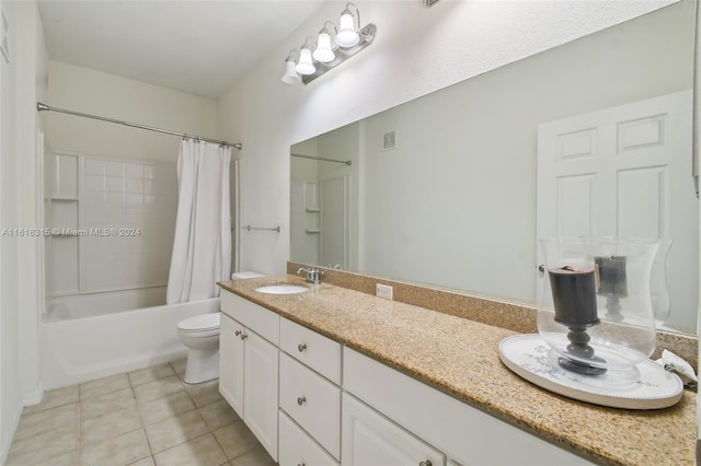 full bathroom featuring vanity, toilet, shower / bathtub combination with curtain, and tile patterned floors