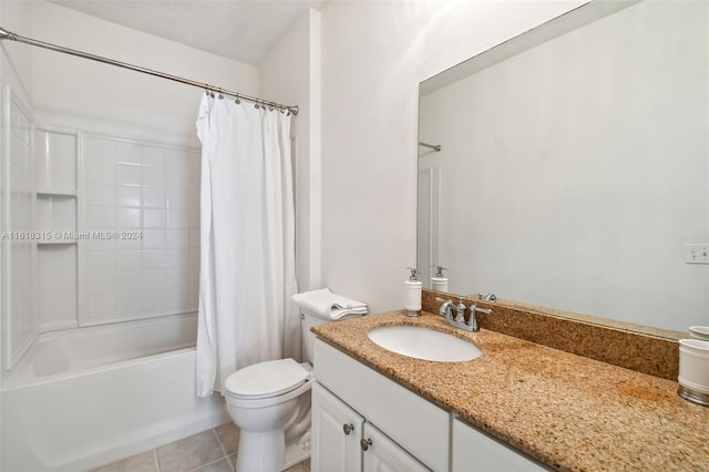 full bathroom featuring shower / bathtub combination with curtain, tile patterned flooring, vanity, and toilet