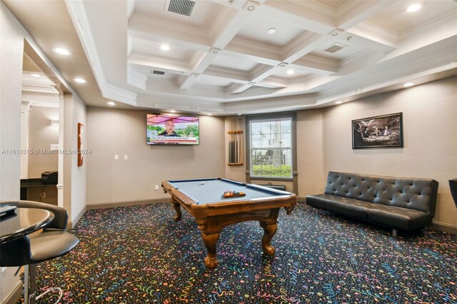 rec room featuring beamed ceiling, ornamental molding, carpet flooring, coffered ceiling, and pool table