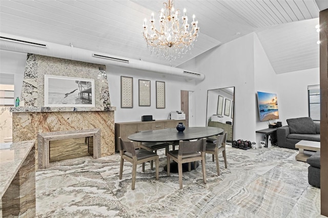 dining space featuring high vaulted ceiling, wood ceiling, and a notable chandelier