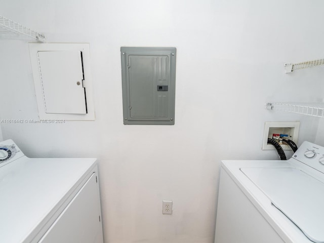 laundry area with electric panel and washer and clothes dryer