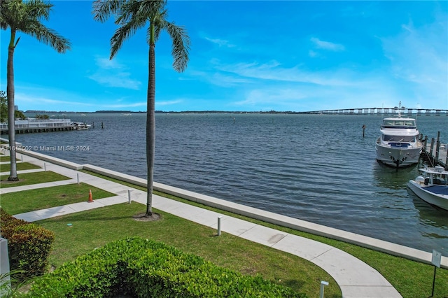 water view featuring a dock