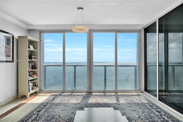 interior space with tile patterned flooring, ornamental molding, and plenty of natural light