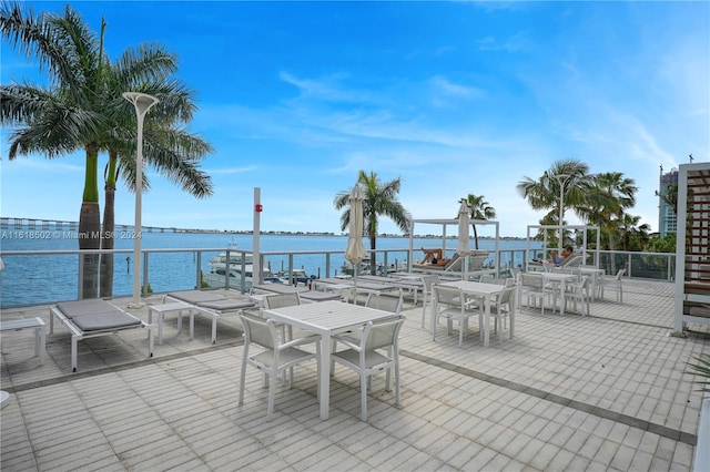 view of patio / terrace with a water view